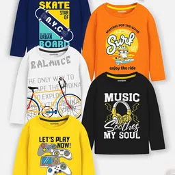 YK X Trampoline Boys Pack Of 5 Typography Printed Round Neck T-shirts-image-81