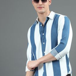 HERE&NOW Blue Slim Fit Vertical Striped Cotton Casual Shirt-image-38