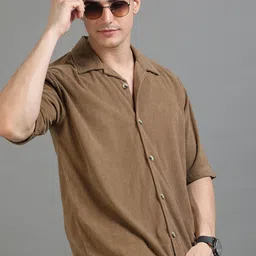 HERE&NOW Cuban Collar Oversized Corduroy Casual Shirt-image-98