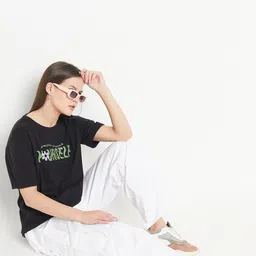 Mast & Harbour Black & Green Typography Printed Round Neck Cotton Oversized T-shirt-picture-18