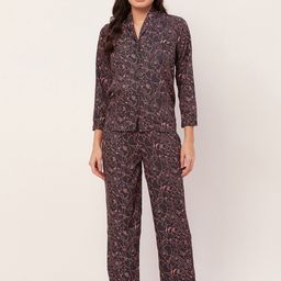 Moomaya Floral Printed Lapel Collar Satin Night suit-image-60