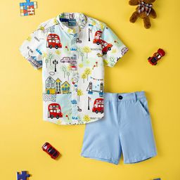Nauti Nati Boys Conversational Printed Mandarin Collar Pure Cotton Shirt With Shorts-14