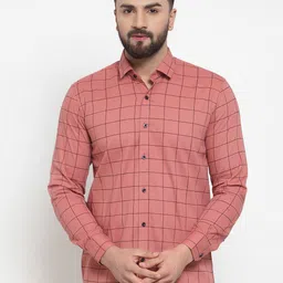 JAINISH Men Peach-Coloured & Black Regular Fit Checked Casual Shirt-picture-14