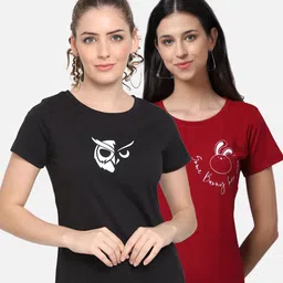 UnaOne Women Pack of 2 Maroon & Black Printed Pure Cotton T-shirt-image-40