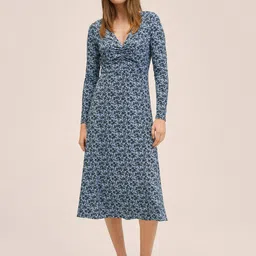 MANGO Women Blue & Black Floral Ruched A-Line Midi Dress-83