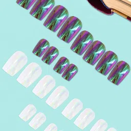 PRIVIU Set Of 24 Stick On Nails - Duochrome Peacock & White-15