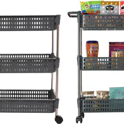 Pack of 2 Multipurpose 3-Layer Storage Revolving Rack with Wheels | Grey Plastic Kitchen Trolley-54