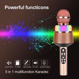 VRJTEC Handheld Karaoke (Rose Gold– Color) Mic with Inbuilt Bluetooth Speaker, Clear Sound Quality Recorder, Colorful Lights & Long Play Time Rechargable Microphone for Parties, Singing, Presentation image 2