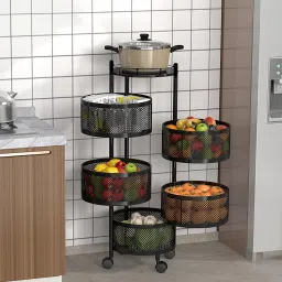Fruits/Vegetables Kitchen Rack 5-Layer Rotating Multipurpose Storage Rack Trolley with Wheels | Black Iron-1