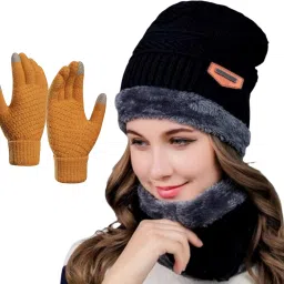 women's winter woolen caps neck warmer and touchscreen gloves set for Woven Beanie-21