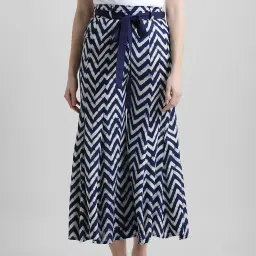 Women Flared Blue, Cream Viscose Rayon Trousers-image-2