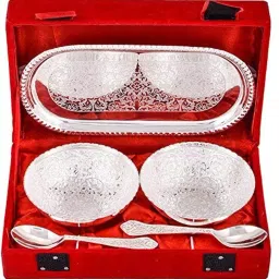 Gift German Silver Brass Bowl Set With Spoon With Royal Luxury Velvet Box Bowl, Spoon, Tray Serving Set-25
