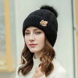 Women's stylish winter woolen cap soft warm fur inside pom-pom on top for girls Woven Beanie-picture-13