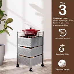 3-Tier Revolving Multipurpose Storage Rack with Wheels | Silver Iron Kitchen Trolley-image-5