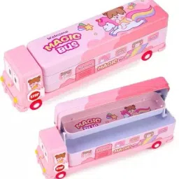 Metal Pencil Box, Pencil Box Art, Magic Bus Shape with Rotating Wheels (Pink)-26