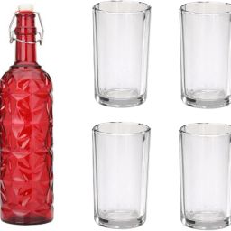 Bottle & 4 Glass Serving Lemon Set, Red, Clear, Glass - A963 Jug Glass Set-image-93
