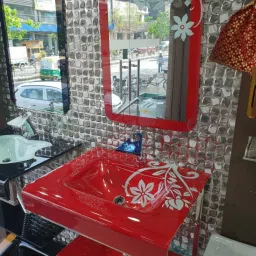 White Flower Red OV_96 Glass Wash Basin With Mirror Self & Steel Stand 24 x 21 Inch Wall Hung Basin-image-33