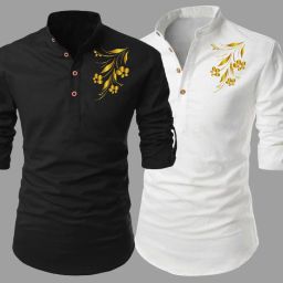 Pack of 2 Men Floral Print Cotton Blend Straight Kurta-image-3