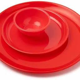 Pack of 6 Plastic Microwave Safe Cherry Red 6 pcs Round Dinner Set - Stain Resistant Light Weight Break Resistant (2 Full Size Plate {11 inch} + 2 Half Plate {7.5 inch}+ 2 Bowls {250 ml} ) Dinner Set-image-69