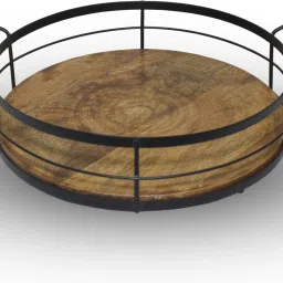 AIC DECO STORE Round Shape Wood & Iron Serving Tray with Handle-12X12X4 Inch Tray Serving Set-image-31