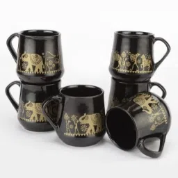 Pack of 6 Ceramic Tea & Coffee Mug Set of 6 | Golden Elephant & Floral Motif | Tea Cups for Home-25