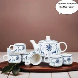 Pack of 7 Ceramic Stag Blue Tea Chai Cups Set of 6 with 750 ml Kettle,150ml Coffee Mugs Ideal Gift-34