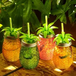 Pineapple Shape Glass Mason Jar with Straw Multi-Color Air-Tight Lids with Straw Glass, Plastic Tumbler-27