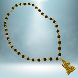 Mahakal Locket with Rudraksha Mala, Trishul Damru Pendant, Spiritual Shiva mala Gold-plated Beads Brass, Wood Pendant Set-image-7