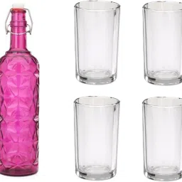Bottle & 4 Glass Serving Lemon Set, Pink, Clear, Glass - A753 Jug Glass Set-image-6