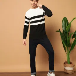 Men Striped Round Neck Black, White Sweater-image-71