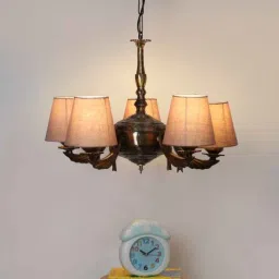 new era Devansh 05 Lights Grey conical cotton shade with Antique Golden Chandelier-picture-18