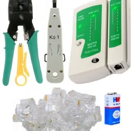 Divinext 55pc Combo Crimping Stripping Tool Kit with 3 in 1 Rj45 Rj11 Crimping Tool 4P 6P 8P Manual Crimper Modular Crimping Tool + Network Cable Cutter Wire Stripper + Networking LAN Cable Tester RJ45 / RJ11 / RJ12 / Cat5 + 6F22 9 Volt Battery + Krone Tool KD-1 Impact Punch Down Tool Push Telephone Insertion Socket Punch-Down and Punch Down Krone Tool + 50pc RJ45 Jack Connectors Modular Plugs for Cat5 Cat5e RJ45 RJ11 CCTV Camera Telephone Electric Wire Ethernet Network LAN ADSL Network Computer Maintenance Repair Tools Combo Set-26