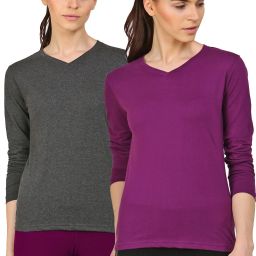 Pack of 2 Women Solid V Neck Cotton Blend Purple, Grey T-Shirt-image-35