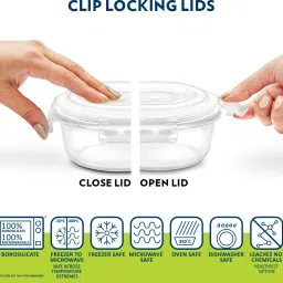 borosil Alora Glass Lunchbox, 2 pc Round Set (400 ml Each), Horizontal 2 Containers Lunch Box image 4