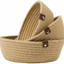 Jute small box mini rope paper storage JUTE basket woven laundry bag brown hamper baby nursery tray bucket organizer set of 3 for kids toys, fruits, kitchen, office, shelfs D.1 Storage Basket-14