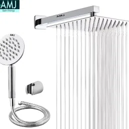 AMJ COMBO of SS304 UltraSlim High Pressure Rainfall Shower Head With Shower Fit Arm HandShower (SS),SS304 1.5mtr Tube And Hook 6X6+18Inch Arm+HandShower Set)-picture-36
