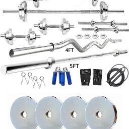 50 kg Steel Plates (2.5KGX4,5KGX4,10KGX2) 4FT Curl & 5FT Straight 28mm Rods Full Combo Home Gym Combo-54
