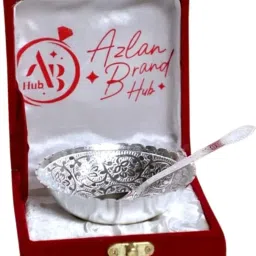 Brass Serving Bowl Silver Plated Flower Shape Brass Bowl Set with Red Velvet Box 2 Pcs Set-image-72