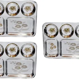BHOJAN THALI SET OF 3 PIECES 5 COMPARTMENTS EACH Sectioned Plate Dinner Plate-image-91
