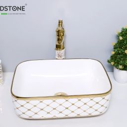 Countertop Designer Vessel Sink - Bathroom Washbasin Vessel Sink -Bathroom Washbasin over counter-16 x 12 x 6 In, White -Gold Sunrise Counter Top-image-59