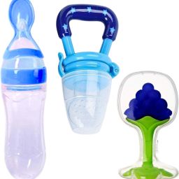 Infant Baby Squeezy Food Grade Silicone Bottle Feeder & Fruit Shape Silicone Teether with Fruit Pacifier (Squeezy Feeder 'Blue' + Pacifier 'Blue' + Teether 'Grapes') (Pack of 3) - Silicone-1