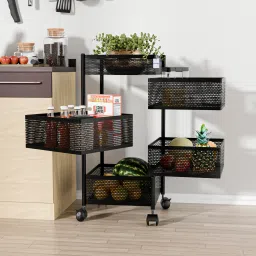4+1 Layer Kitchen Metal Storage Rack with Wheels | Square Shape - Black Iron Kitchen Trolley-image-9