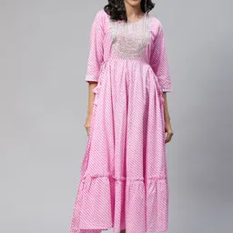 Readiprint Fashions Pink & White Cotton Leheriya Embroidered Tiered Ethnic Maxi Dress-picture-15