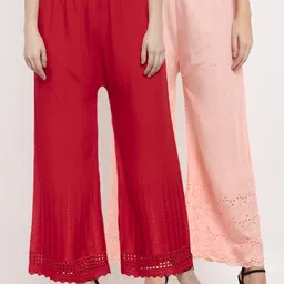 Miaz Lifestyle Women Peach & Red Set of 2 Flared Knitted Ethnic Palazzos-image-56