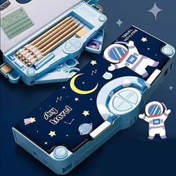 HOT SELLING TRENDING HEAVY QUALITY MADE IDEAL FOR BOYS&GIRL STATIONERY ORGANIZER SPACEMAN ASTRONAUT THEME MULTI LAYER MULTIPLE BUTTONS PLASTIC COMPASS BOX Art Metal Pencil Box-image-39