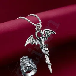 Silver Dragon Pendant with KGF ring combo set for Men/Boys/Husband & Unisex Rhodium Stainless Steel Locket Set-image-2