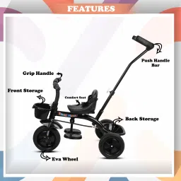 Kids Tricycle with Parental Push Handle for Kids| Age Group 1.5 to 5 Years R-9 Kids Tricycle Black Tricycle-image-2