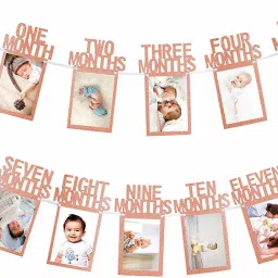 1st Birthday Baby Photo Banner for Newborn to 12 Months, Monthly Milestone Photograph Bunting Garland, First Birthday Celebration Decoration Rose Gold Banner-image-29