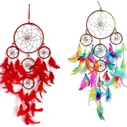 Pack Of (2) 5 Ring Red & 5 Ring Multi Dream Catcher Feather Dream Catcher-9