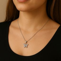 Butterfly Diamond Locket With Chain Set For Girls Sterling Silver Sterling Silver Pendant Set-image-14